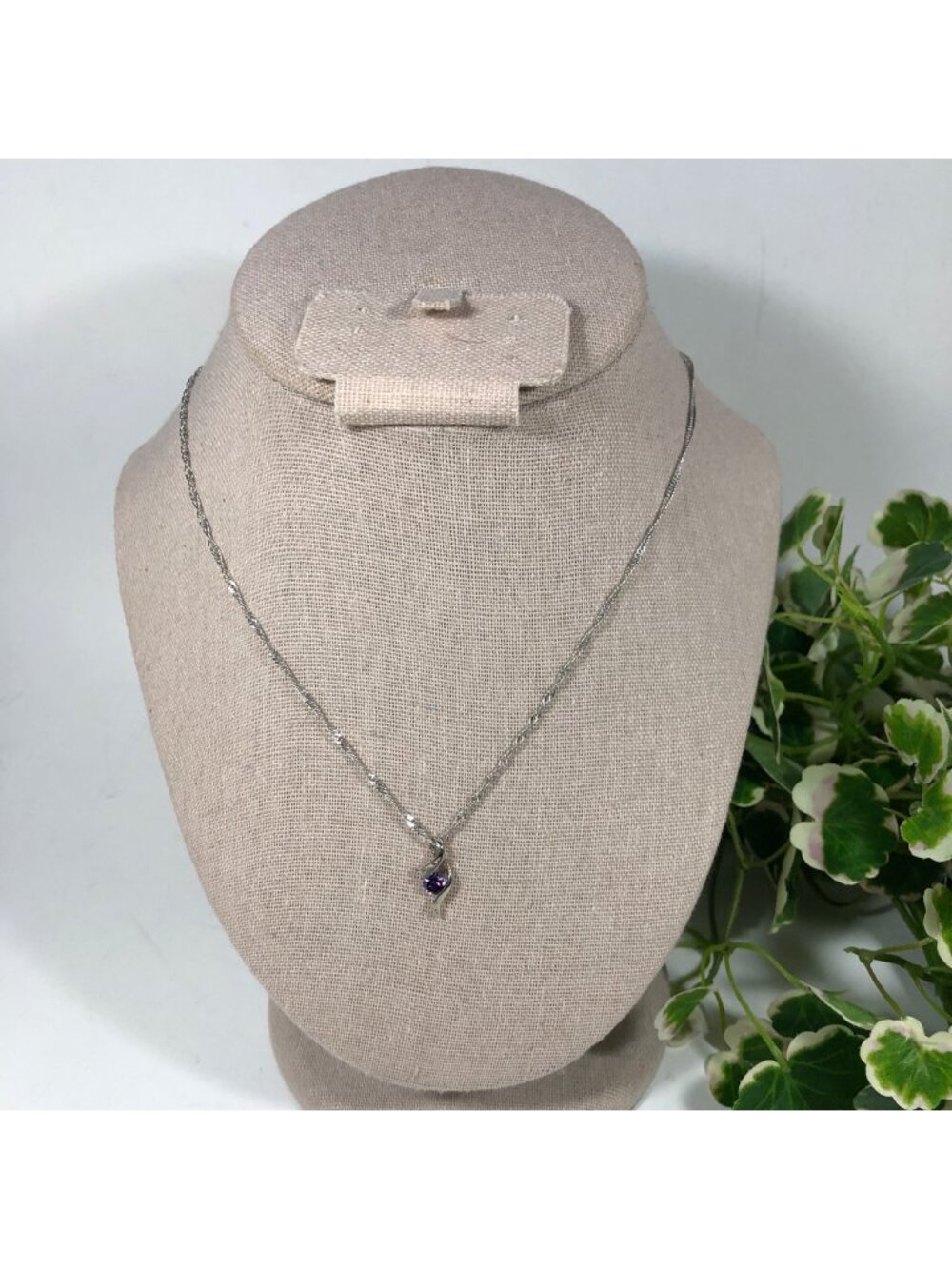 Purple Rhinestone Dainty Pendant Silvertone Twist Chain 16in plus 2in Extender